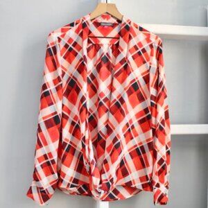 Vince Camuto Women's Red White Plaid Lightweight Long Sleeve Blouse Size XL